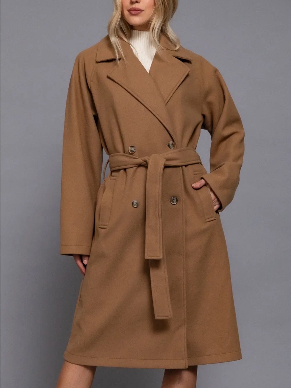 Active USA Camel Double-Breasted Belted Trench Coat